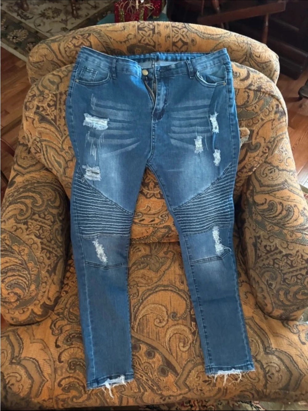 Women’s Blue Distressed Moto Skinny Jeans